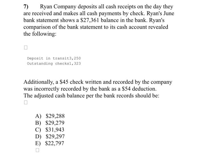 7 Ryan Company Deposits All Cash Receipts On The Day They Are Received And Makes All Cash Payments By Check Ryan S Jun 1