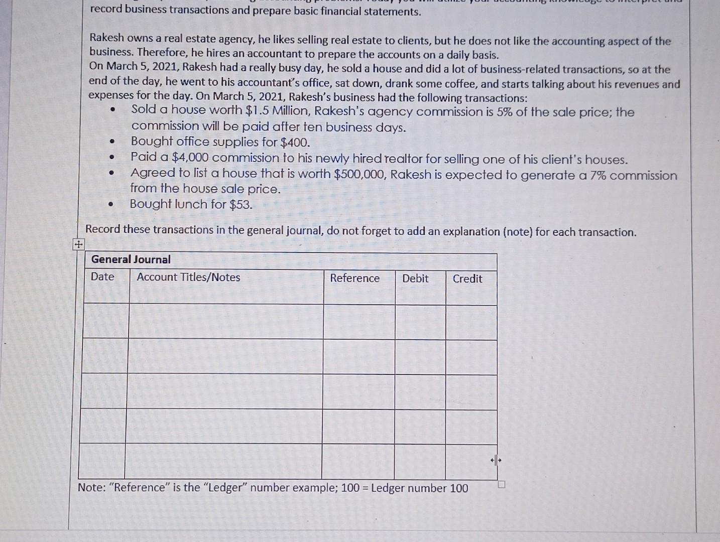 Record Business Transactions And Prepare Basic Financial Statements Rakesh Owns A Real Estate Agency He Likes Selling 1