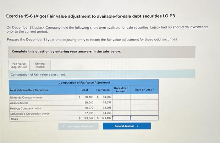 Exercise 15 6 Algo Fair Value Adjustment To Available For Sale Debt Securities Lo P3 On December 31 Lujack Company He 1