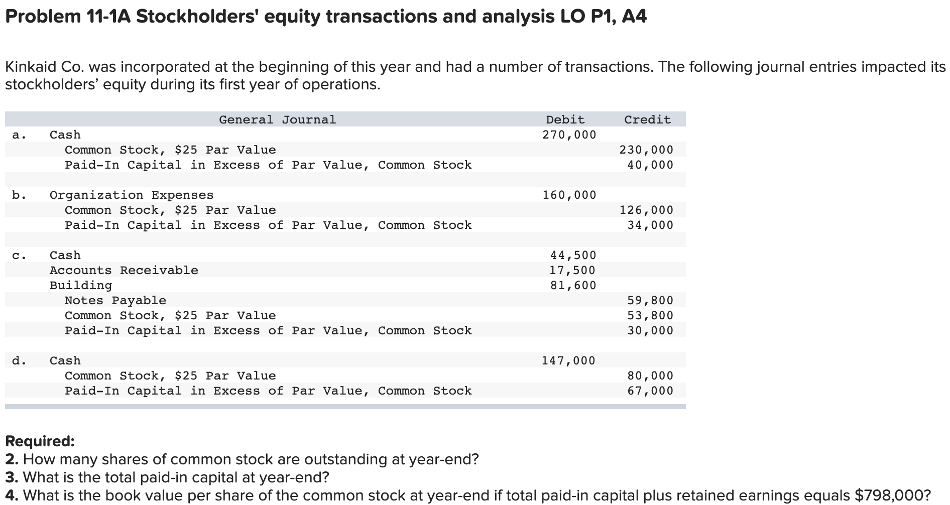 Problem 11 1a Stockholders Equity Transactions And Analysis Lo P1 A4 Kinkaid Co Was Incorporated At The Beginning Of 1