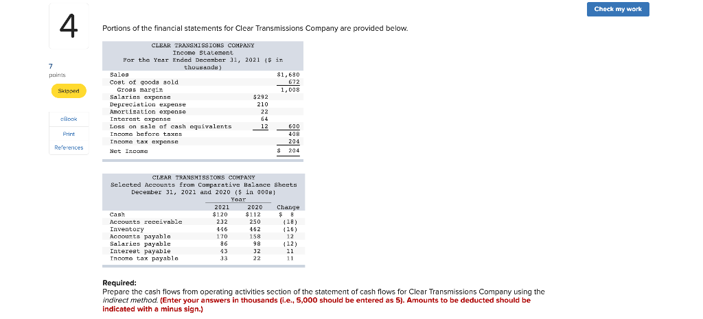 Check My Work 4 Portions Of The Financial Statements For Clear Transmissions Company Are Provided Below 7 Points Skippe 1