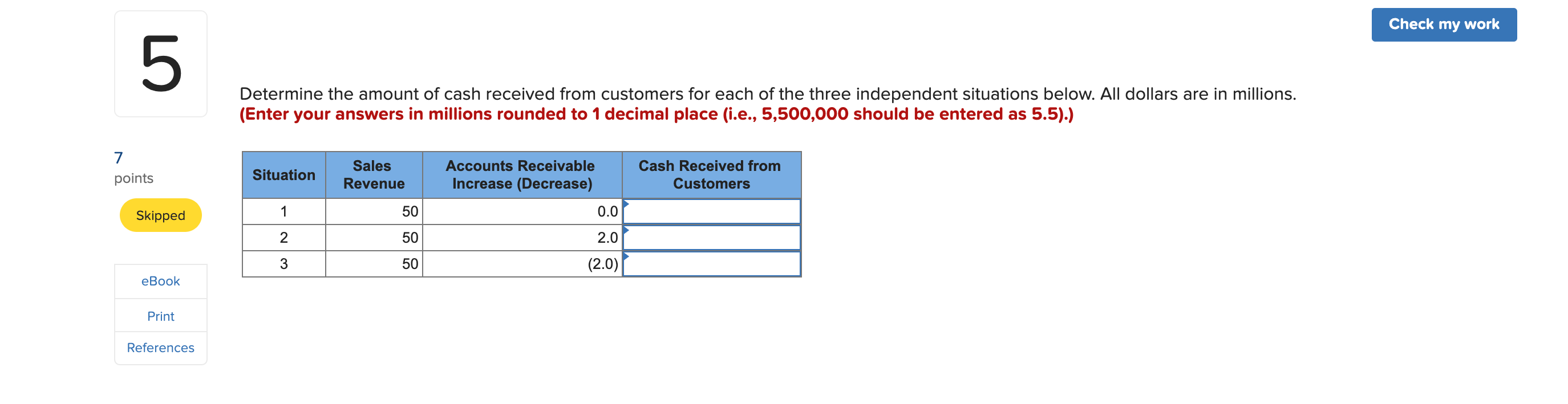 Check My Work 5 Determine The Amount Of Cash Received From Customers For Each Of The Three Independent Situations Below 1