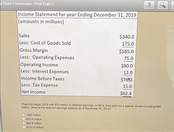 Al Exam 1 Introduction Final Exam 1 Income Statement For Year Ending December 31 2019 Amounts In Millions Sales L 1
