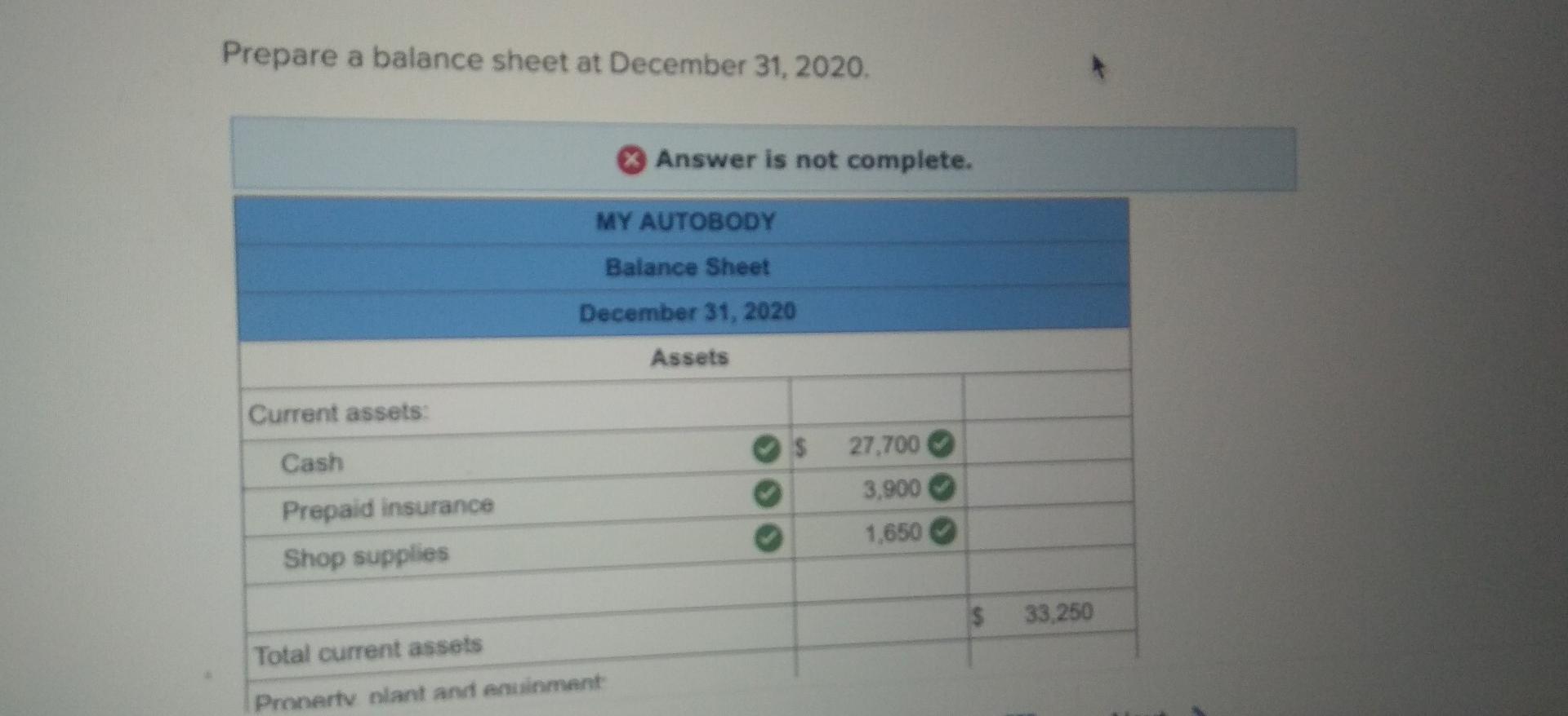 Prepare A Balance Sheet At December 31 2020 Answer Is Not Complete My Autobody Balance Sheet December 31 2020 Assets 1