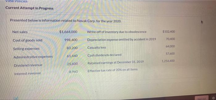 View Policies Current Attempt In Progress Presented Below Is Information Related To Novak Corp For The Year 2020 1 66 1