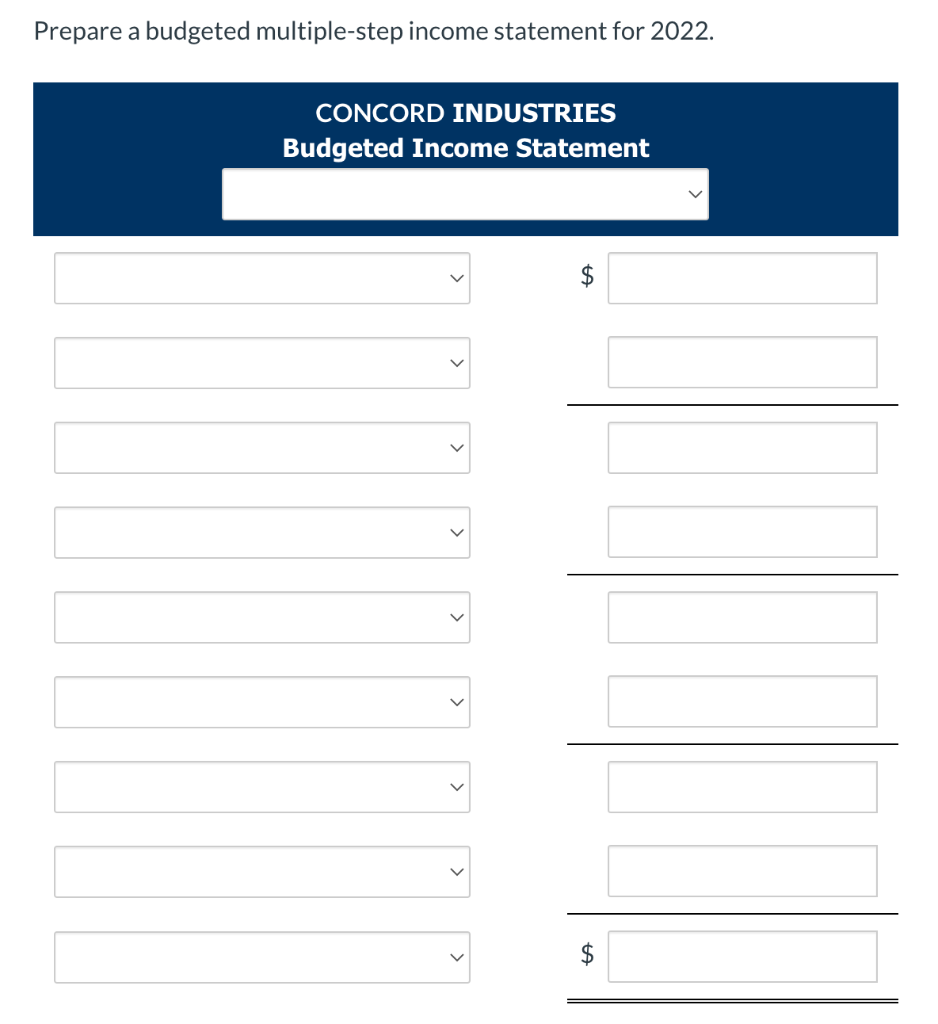 Prepare A Budgeted Multiple Step Income Statement For 2022 Concord Industries Budgeted Income Statement Concord 1