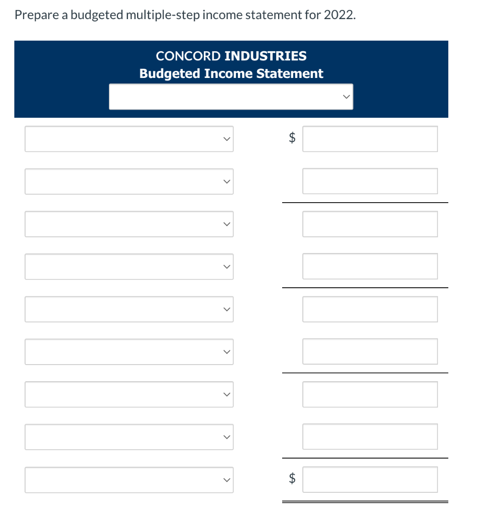 Prepare A Budgeted Multiple Step Income Statement For 2022 Concord Industries Budgeted Income Statement Concord 6