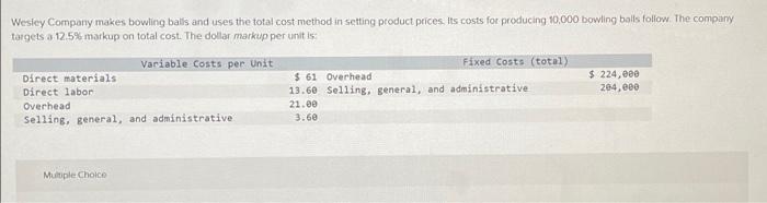 Wesley Company Makes Bowling Balls And Uses The Total Cost Method In Setting Product Prices Its Costs For Producing 10 1