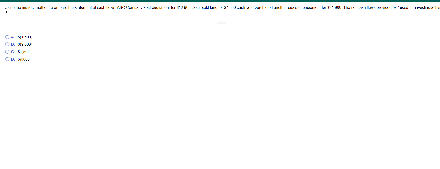 Using The Indirect Method To Prepare The Statement Of Cash Flows Abc Company Sold Equipment For 12 900 Cash Sold Land 1