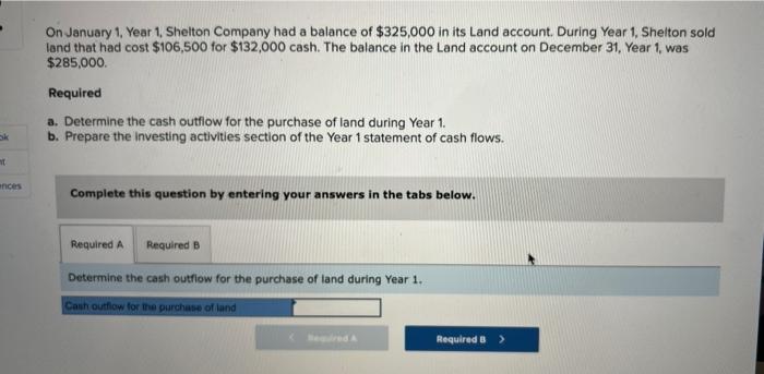 On January 1 Year 1 Shelton Company Had A Balance Of 325 000 In Its Land Account During Year 1 Shelton Sold Land Th 1