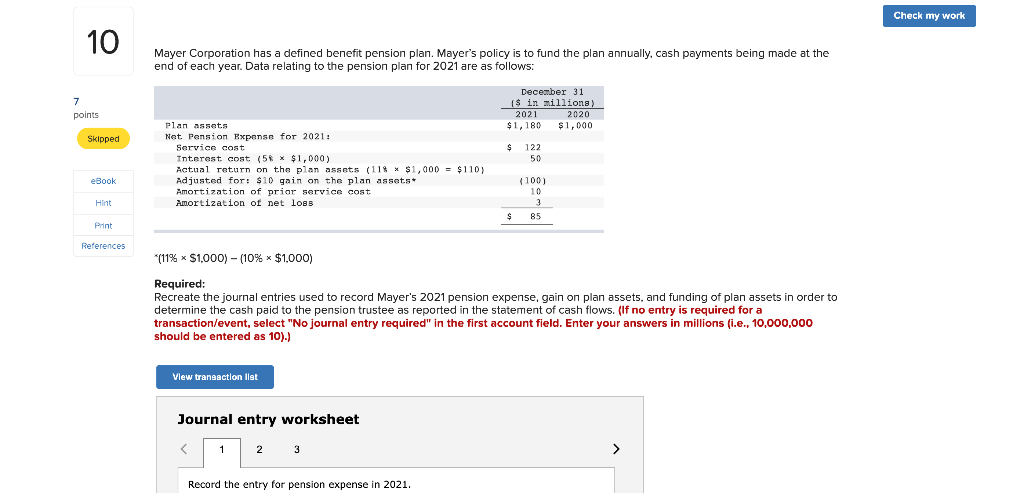 Check My Work 10 The Mayer Corporation Has A Defined Benefit Pension Plan Mayer S Policy Is To Fund The Plan Annually 1