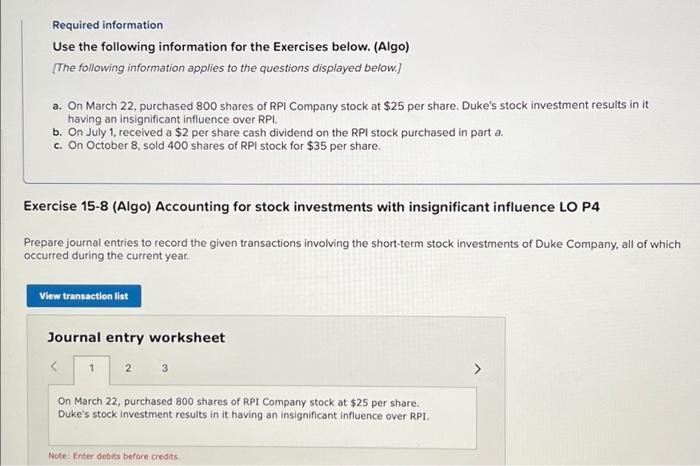 Required Information Use The Following Information For The Exercises Below Algo The Following Information Applies To 1