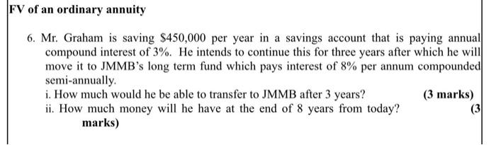 Fv Of An Ordinary Annuity 6 Mr Graham Is Saving 450 000 Per Year In A Savings Account That Is Paying Annual Compound 1