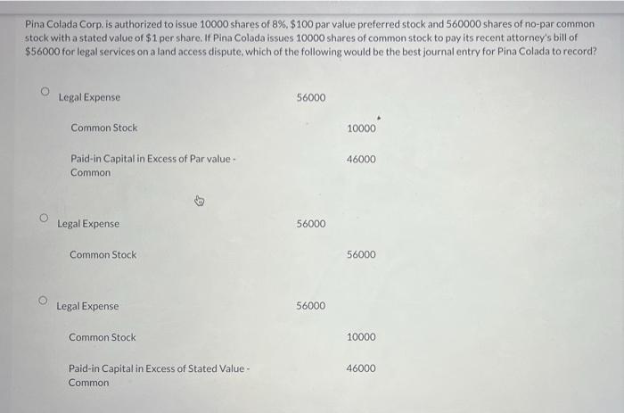 Pina Colada Corp Is Authorized To Issue 10000 Shares Of 8 100 Par Value Preferred Stock And 560000 Shares Of No Par 1