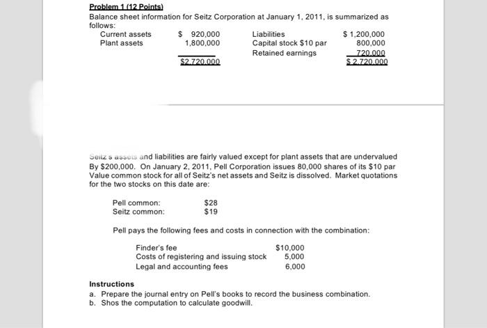 Problem 1 12 Points Balance Sheet Information For Seitz Corporation At January 1 2011 Is Summarized As Follows Curr 1