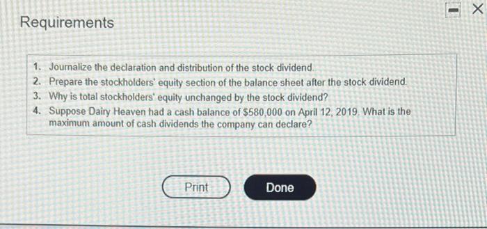 The Stockholders Equity Section Of The Balance Sheet For Dairy Heaven Corporation On April 11 2019 Follows Click The 3