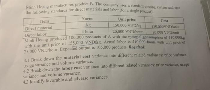 Unit Price Minh Hoang Manufactures Product B The Company Uses A Standurd Costing System And Sets The Following Standard 1