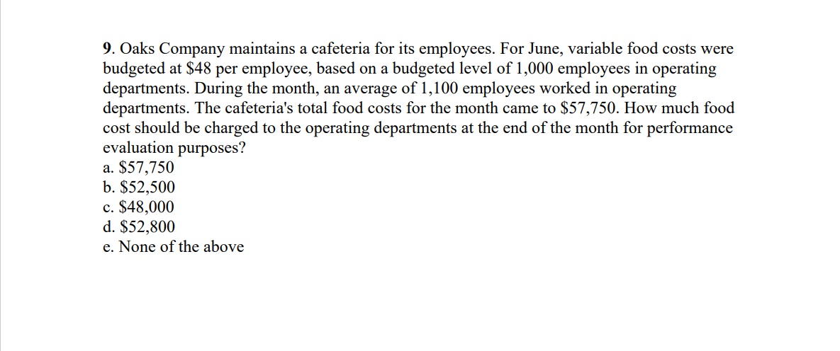 9 Oaks Company Maintains A Cafeteria For Its Employees For June Variable Food Costs Were Budgeted At 48 Per Employee 1