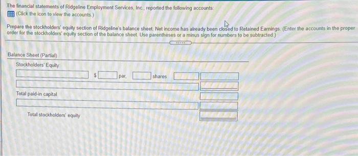 The Financial Statements Of Ridgeline Employment Services Inc Reported The Following Accounts Click The Icon To View 1