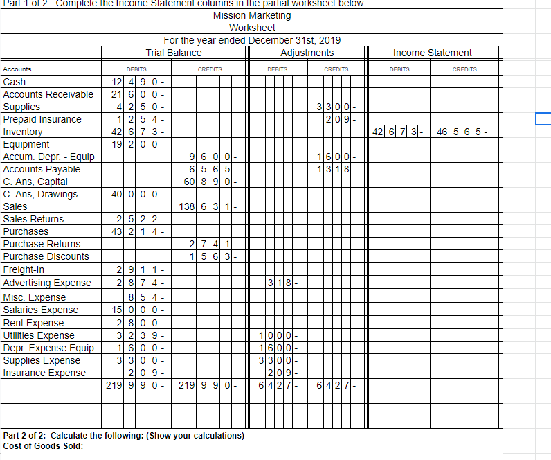 Complete The Income Statement Columns In The Partial Worksheet Below Part 1 Of 2 Only 1