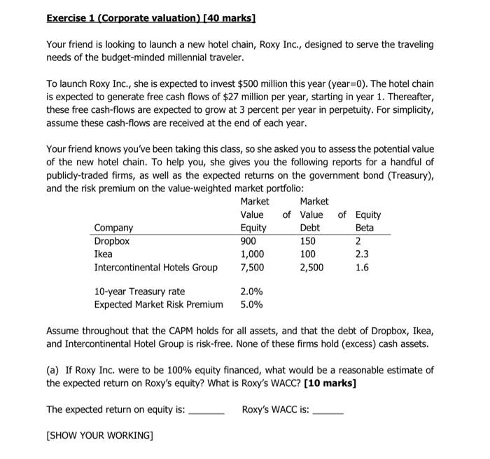 Exercise 1 Corporate Valuation 40 Marks Your Friend Is Looking To Launch A New Hotel Chain Roxy Inc Designed To S 2
