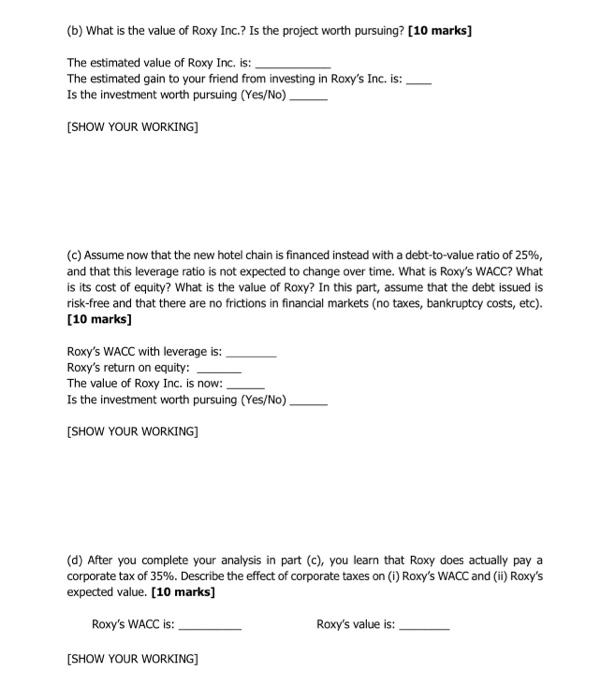 Exercise 1 Corporate Valuation 40 Marks Your Friend Is Looking To Launch A New Hotel Chain Roxy Inc Designed To S 3