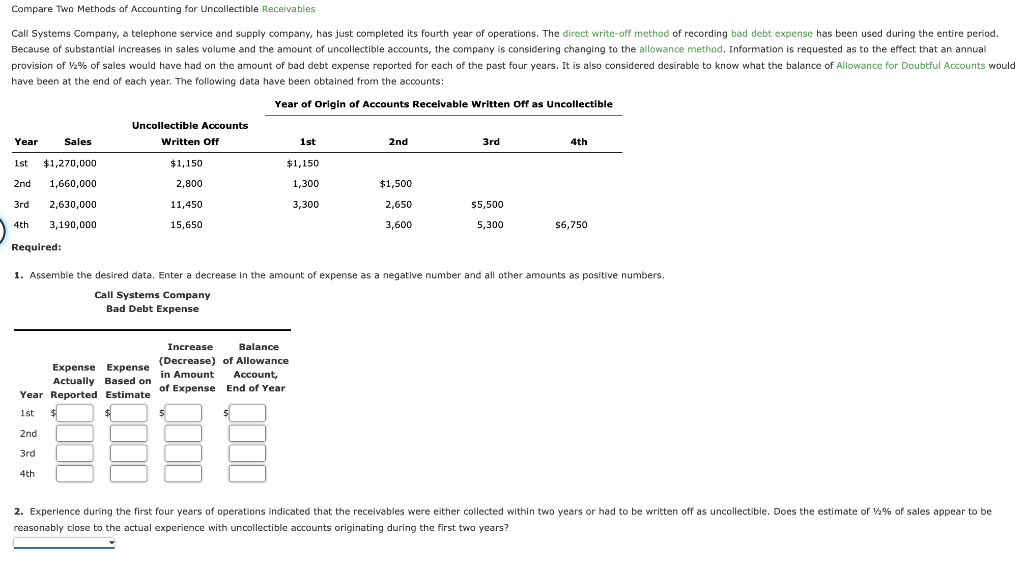 Compare Two Methods Of Accounting For Uncollectible Receivables Call Systems Company A Telephone Service And Supply Com 1