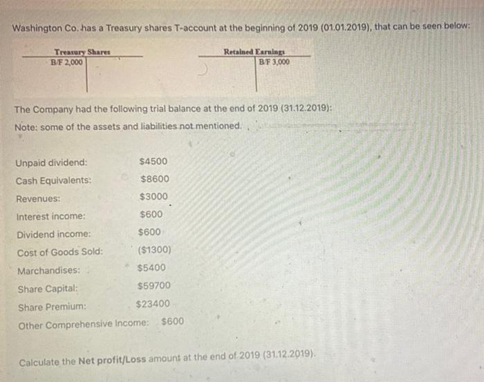 Washington Co Has A Treasury Shares T Account At The Beginning Of 2019 01 01 2019 That Can Be Seen Below Treasury S 1