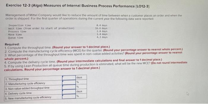 Exercise 12 3 Algo Measures Of Internal Business Process Performance L012 3 Management Of Mittel Company Would Like 1