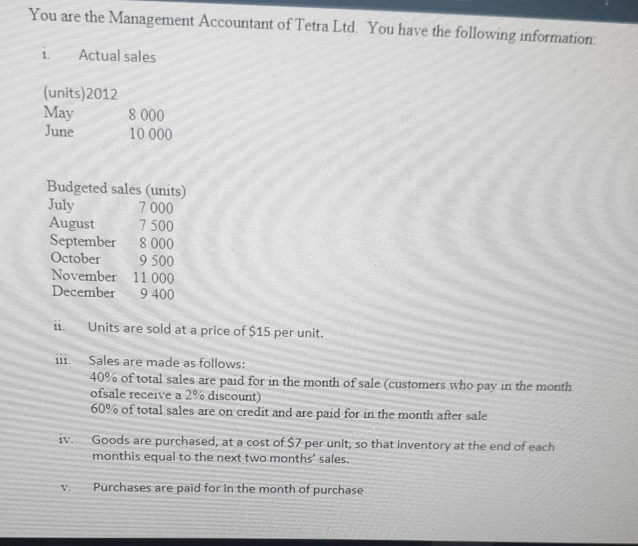 You Are The Management Accountant Of Tetra Ltd You Have The Following Information 1 Actual Sales Units 2012 May June 1