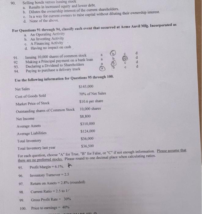 A A B D A 90 Selling Bonds Versus Issuing Stock 2 Results In Increased Equity And Lower Debt B Dilutes The Ownership 1