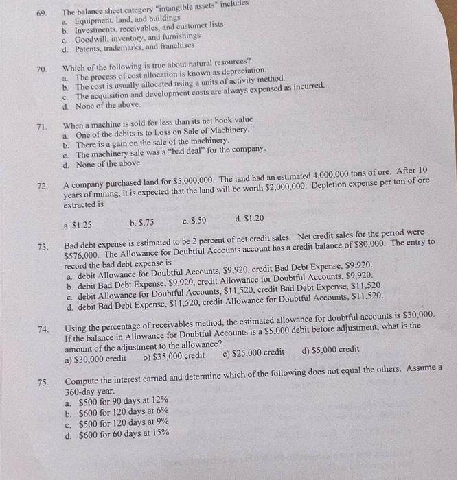 69 70 The Balance Sheet Category Intangible Assets Includes A Equipment Land And Buildings B Investments Receivabl 1