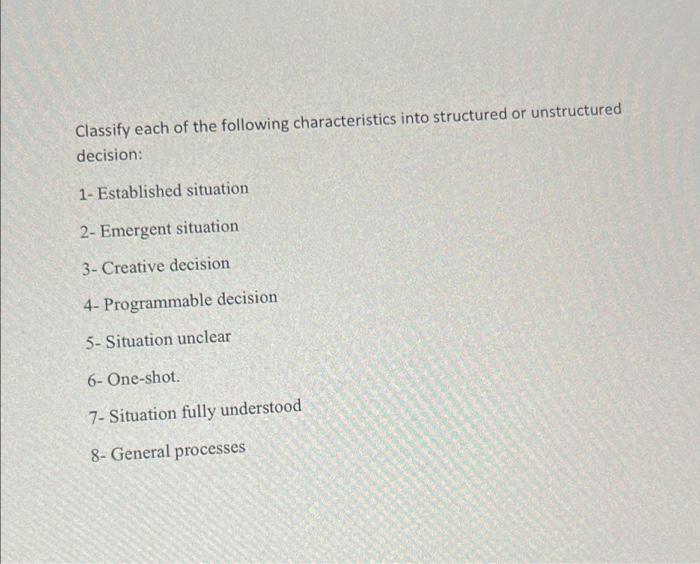 Classify Each Of The Following Characteristics Into Structured Or Unstructured Decision 1 Established Situation 2 Eme 1