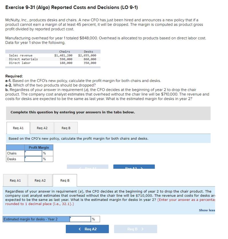Exercise 9 31 Algo Reported Costs And Decisions Lo 9 1 Mcnulty Inc Produces Desks And Chairs A New Cfo Has Just 1