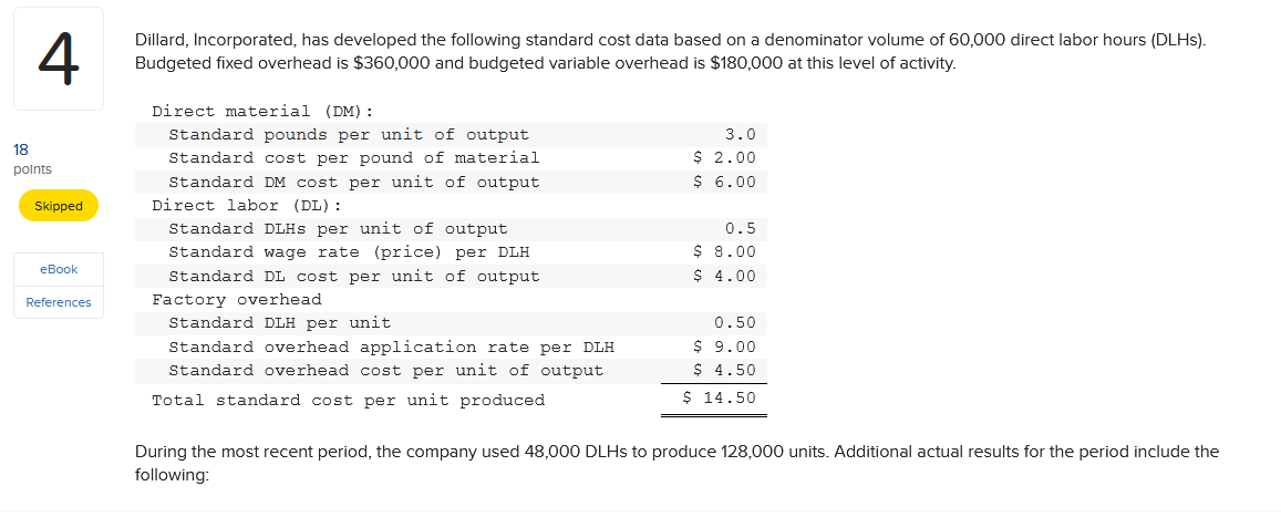 4 Dillard Incorporated Has Developed The Following Standard Cost Data Based On A Denominator Volume Of 60 000 Direct L 1