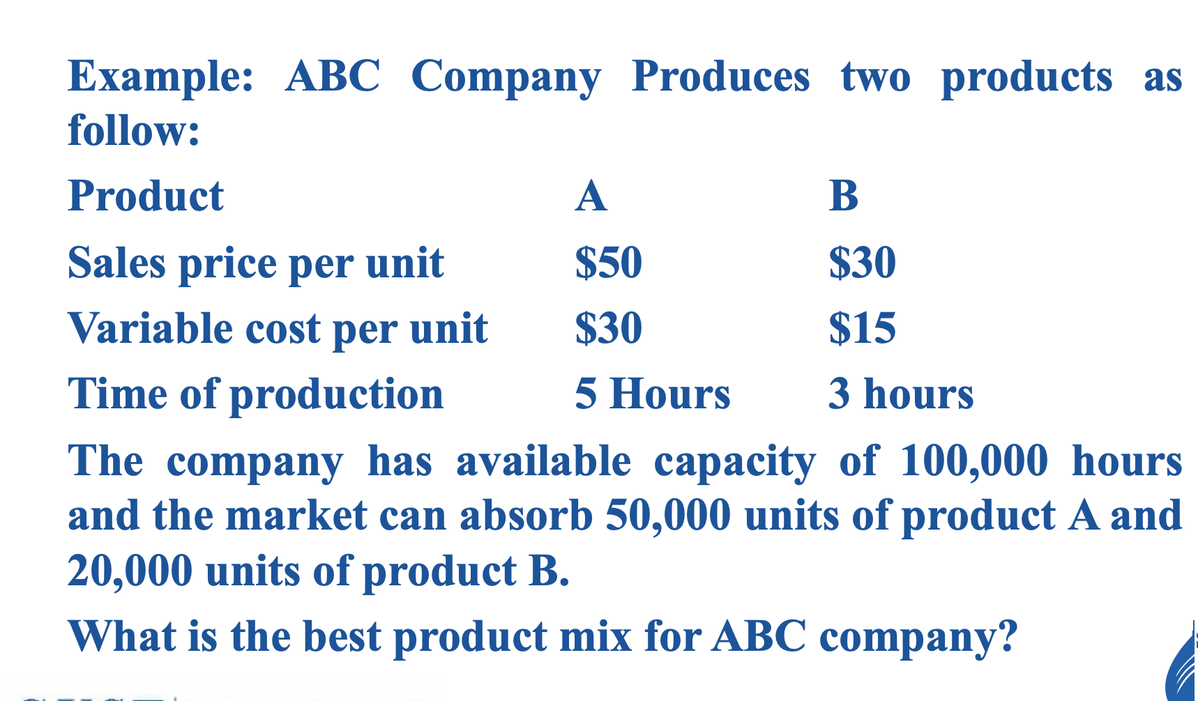 Example Abc Company Produces Two Products As Follow Product A B Sales Price Per Unit 50 30 Variable Cost Per Unit 3 1