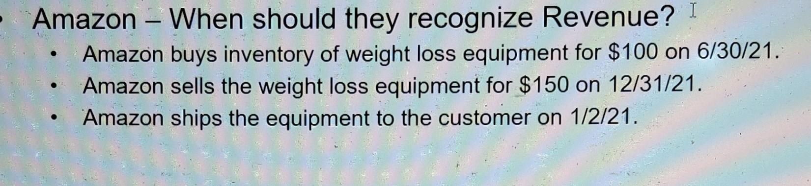 Amazon When Should They Recognize Revenue I Amazon Buys Inventory Of Weight Loss Equipment For 100 On 6 30 21 Ama 1