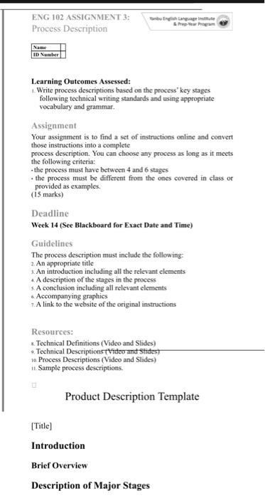 Eng 102 Assignment 3 Process Description Id Number Learning Outcomes Assessed Write Process Descriptions Based On The 1