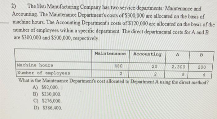 2 The Hsu Manufacturing Company Has Two Service Departments Maintenance And Accounting The Maintenance Department S C 1