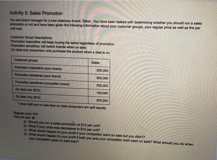 Activity 5 Sales Promotion You Are Brand Manager For A New Shampoo Brand Silken You Have Been Tasked With Determining 1