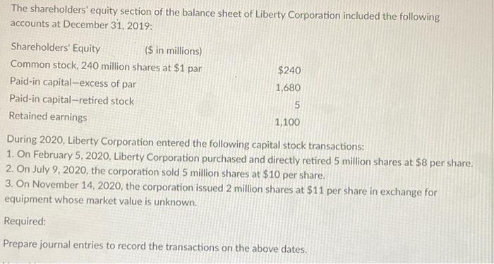 The Shareholders Equity Section Of The Balance Sheet Of Liberty Corporation Included The Following Accounts At December 2