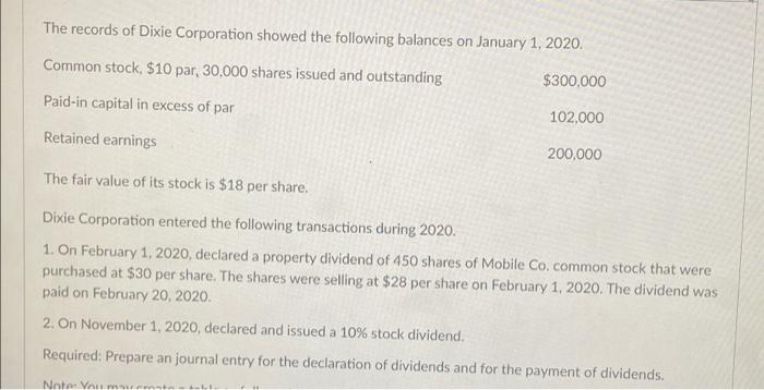 The Records Of Dixie Corporation Showed The Following Balances On January 1 2020 Common Stock 10 Par 30 000 Shares 1