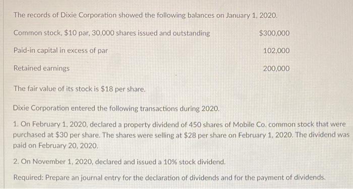 The Records Of Dixie Corporation Showed The Following Balances On January 1 2020 Common Stock 10 Par 30 000 Shares 3