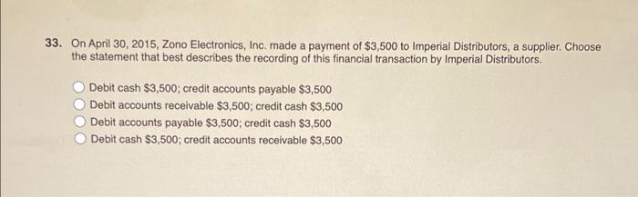 33 On April 30 2015 Zono Electronics Inc Made A Payment Of 3 500 To Imperial Distributors A Supplier Choose The 1