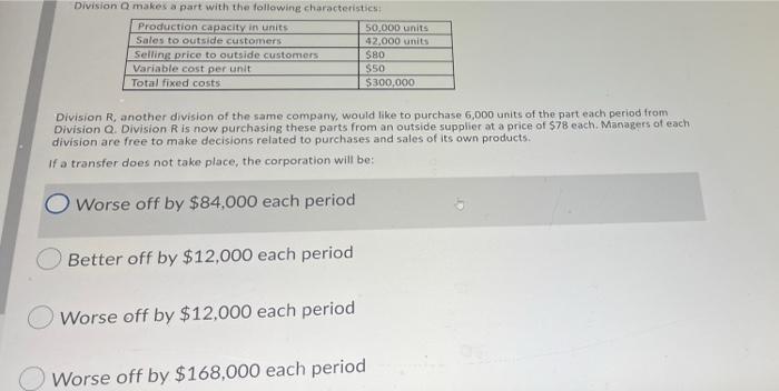 Division Makes A Part With The Following Characteristics Production Capacity In Units 50 000 Units Sales To Outside Cust 1
