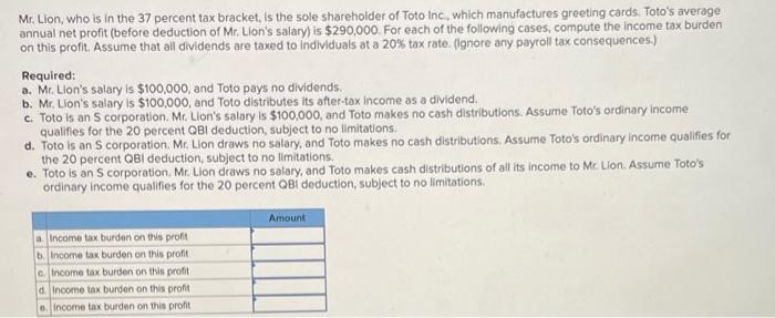 Mr Lion Who Is In The 37 Percent Tax Bracket Is The Sole Shareholder Of Toto Inc Which Manufactures Greeting Cards 1
