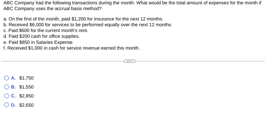 Abc Company Had The Following Transactions During The Month What Would Be The Total Amount Of Expenses For The Month If 1