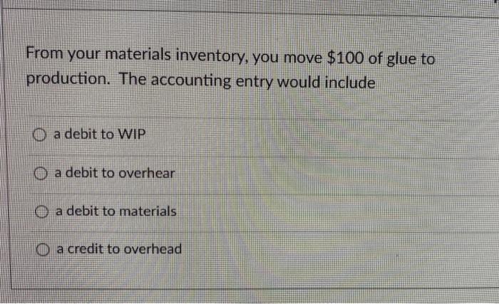 From Your Materials Inventory You Move 100 Of Glue To Production The Accounting Entry Would Include O A Debit To Wip 1