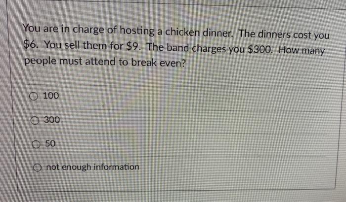 You Are In Charge Of Hosting A Chicken Dinner The Dinners Cost You 6 You Sell Them For 9 The Band Charges You 300 1