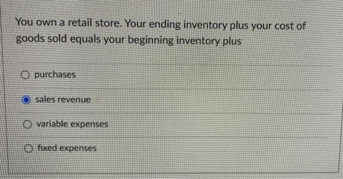 You Own A Retail Store Your Ending Inventory Plus Your Cost Of Goods Sold Equals Your Beginning Inventory Plus Purchase 1